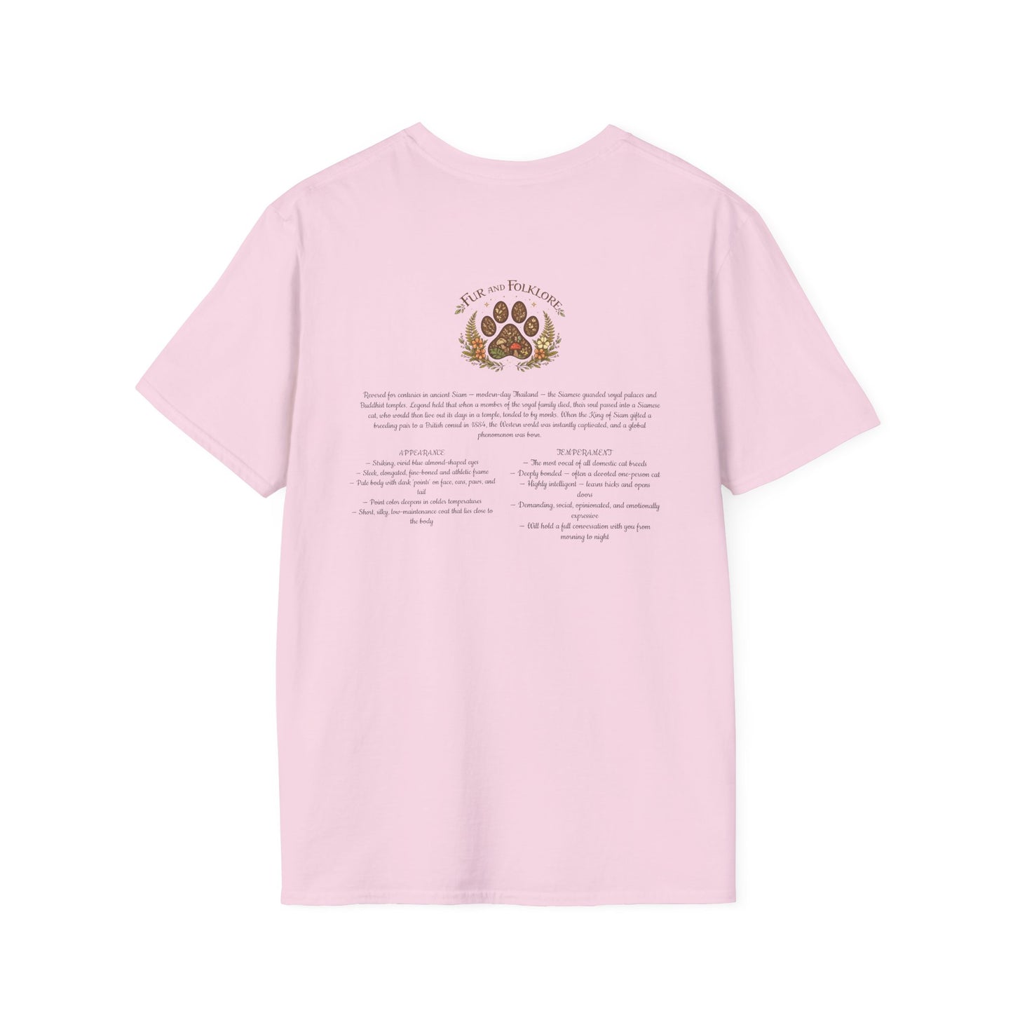 Siamese Cat T-Shirt — Illustrated Siamese Portrait Tee with Paw Print Back Design