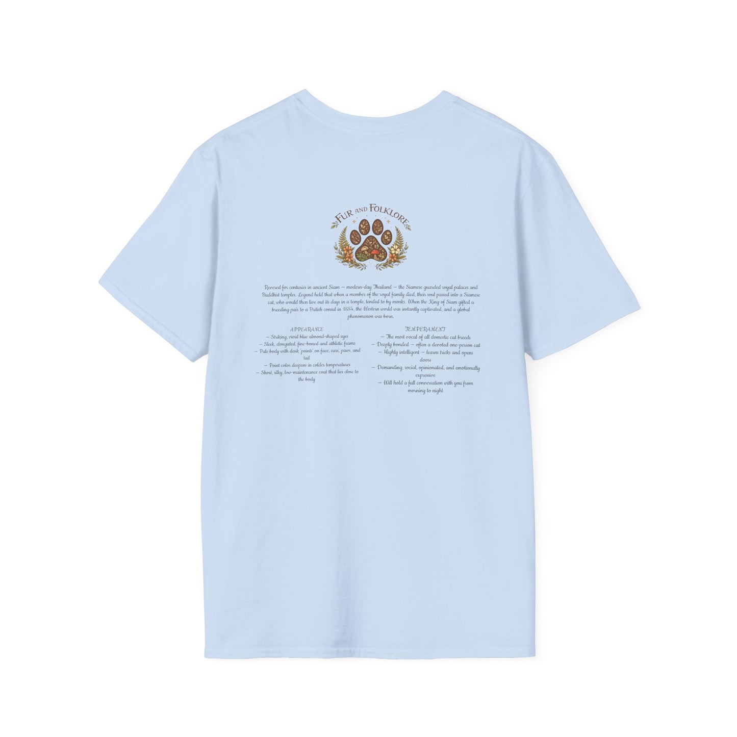 Siamese Cat T-Shirt — Illustrated Siamese Portrait Tee with Paw Print Back Design