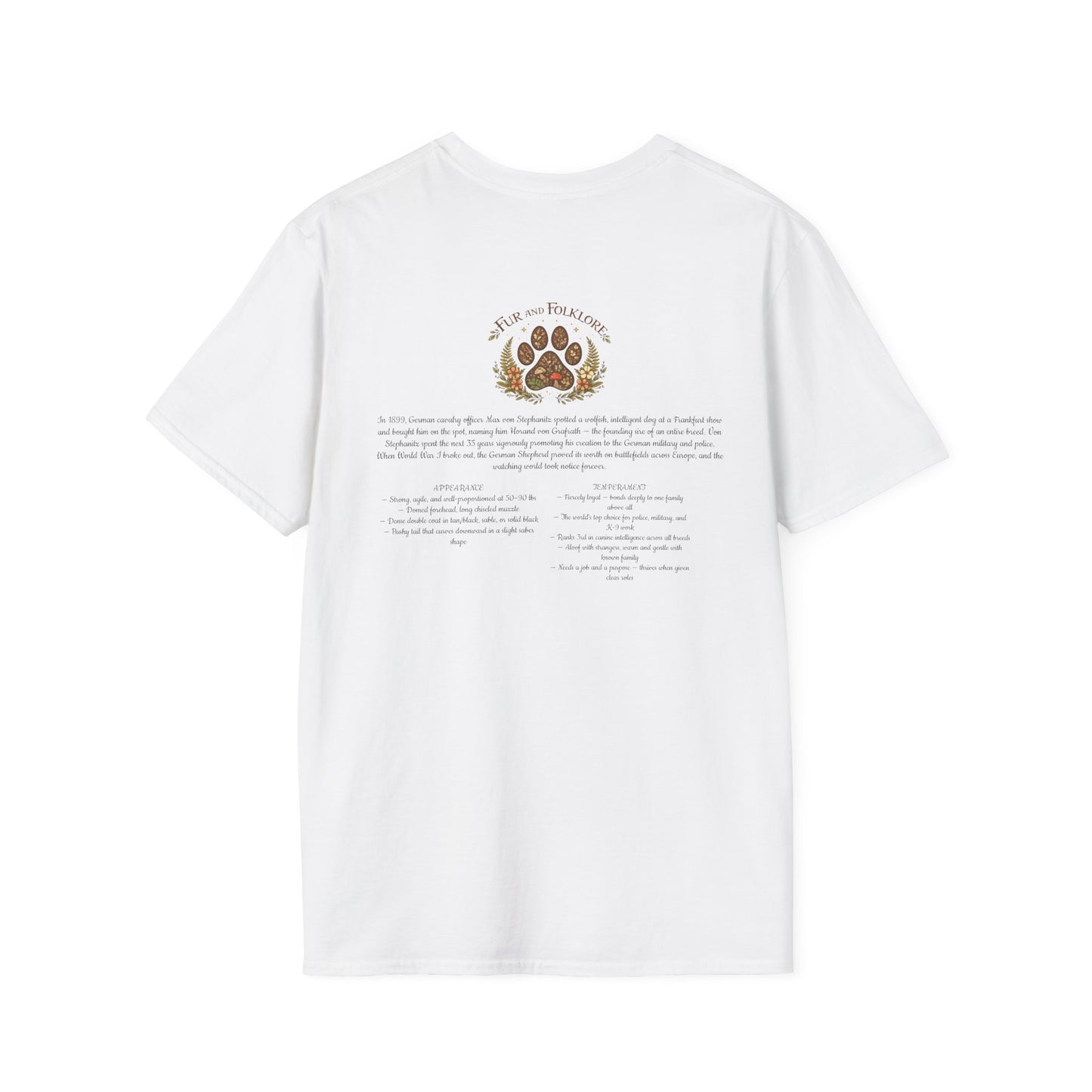 German Shepherd T-Shirt — Realistic Portrait & Breed Story Tee