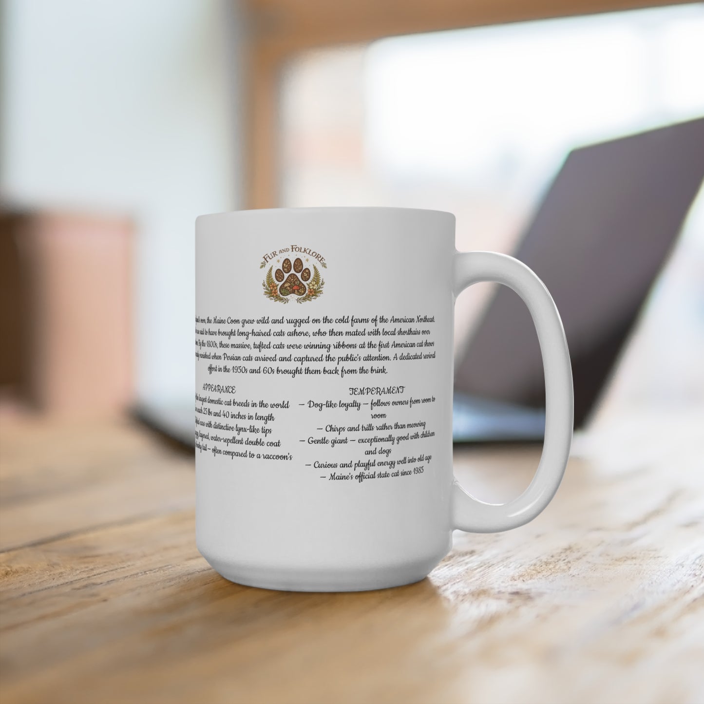 Maine Coon 15oz Ceramic Mug — 'Fur and Folklore' Paw Print Design, Pet Lover Coffee Cup