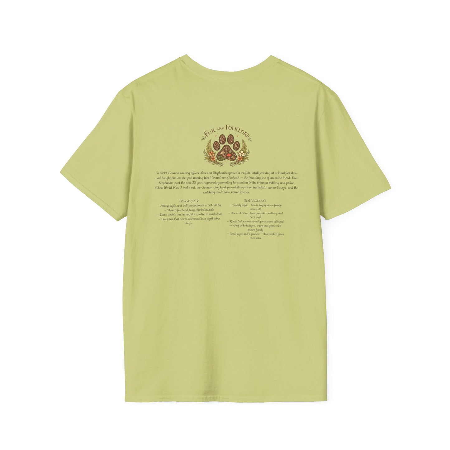 German Shepherd T-Shirt — Realistic Portrait & Breed Story Tee