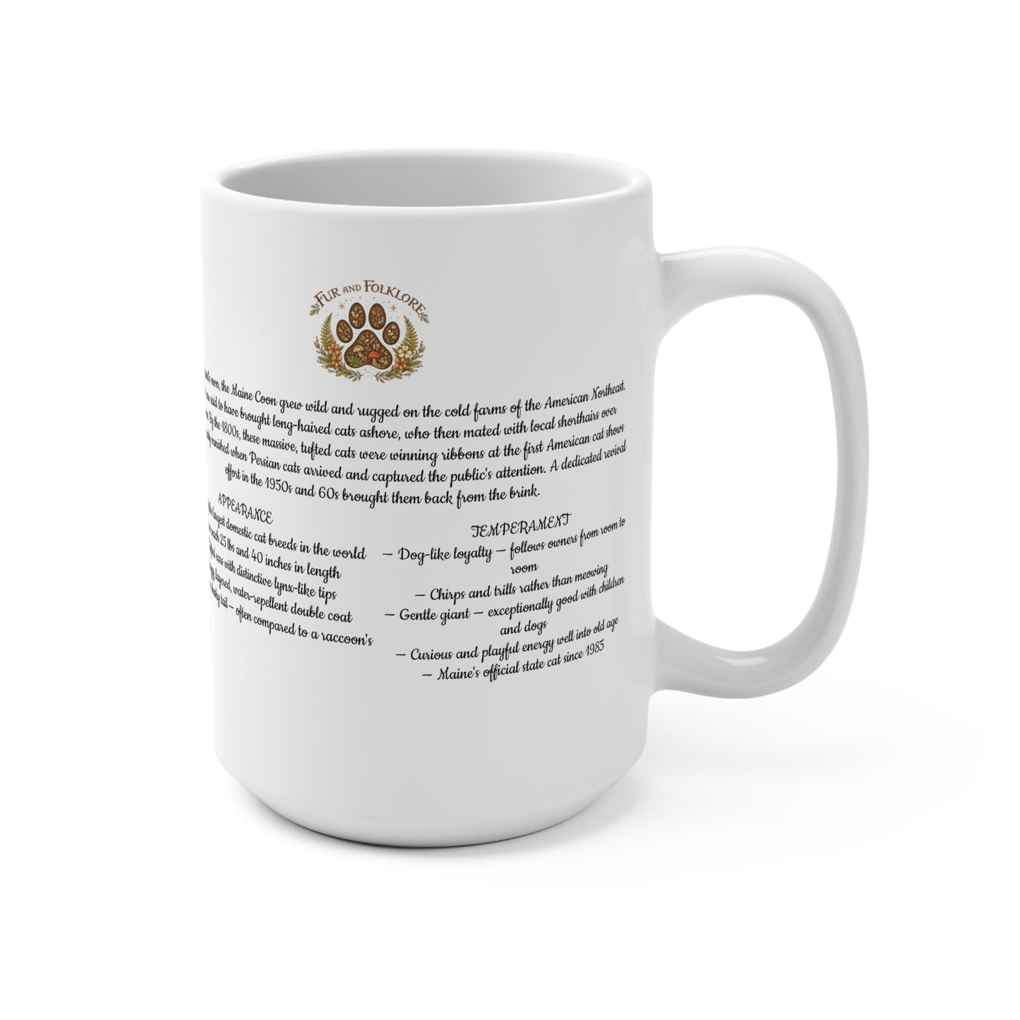 Maine Coon 15oz Ceramic Mug — 'Fur and Folklore' Paw Print Design, Pet Lover Coffee Cup