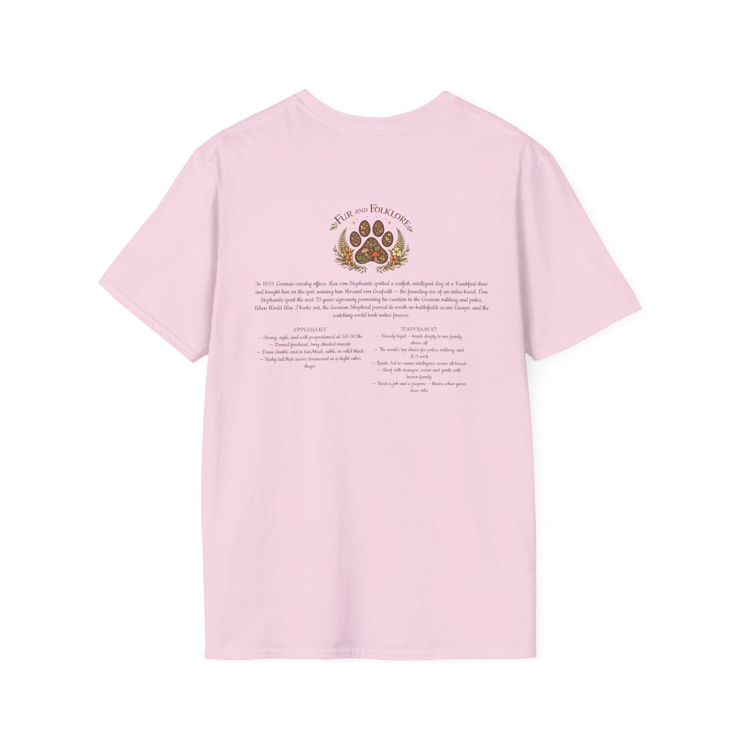 German Shepherd T-Shirt — Realistic Portrait & Breed Story Tee