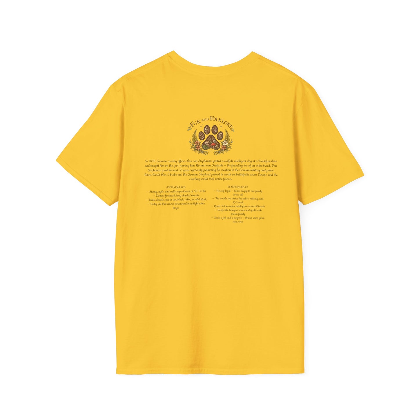 German Shepherd T-Shirt — Realistic Portrait & Breed Story Tee