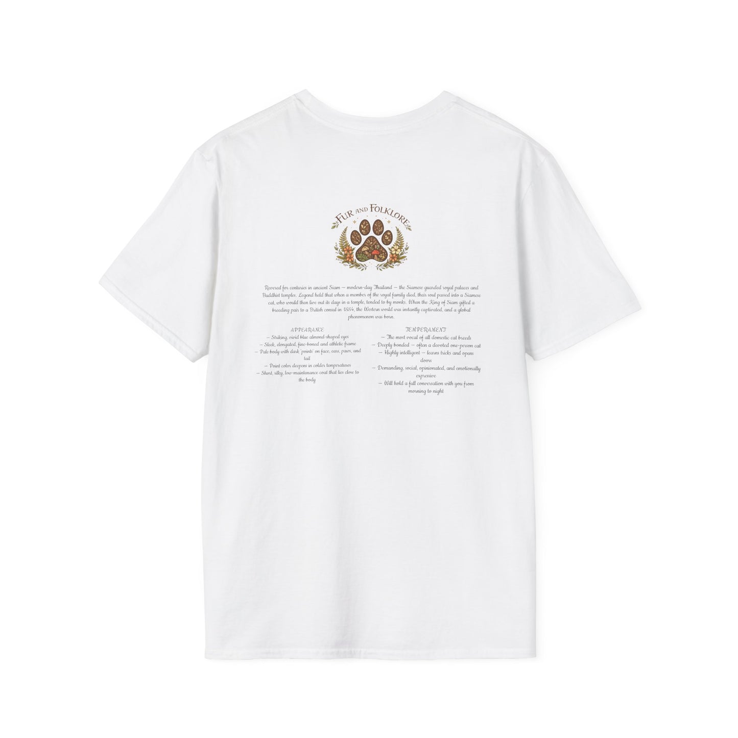 Siamese Cat T-Shirt — Illustrated Siamese Portrait Tee with Paw Print Back Design