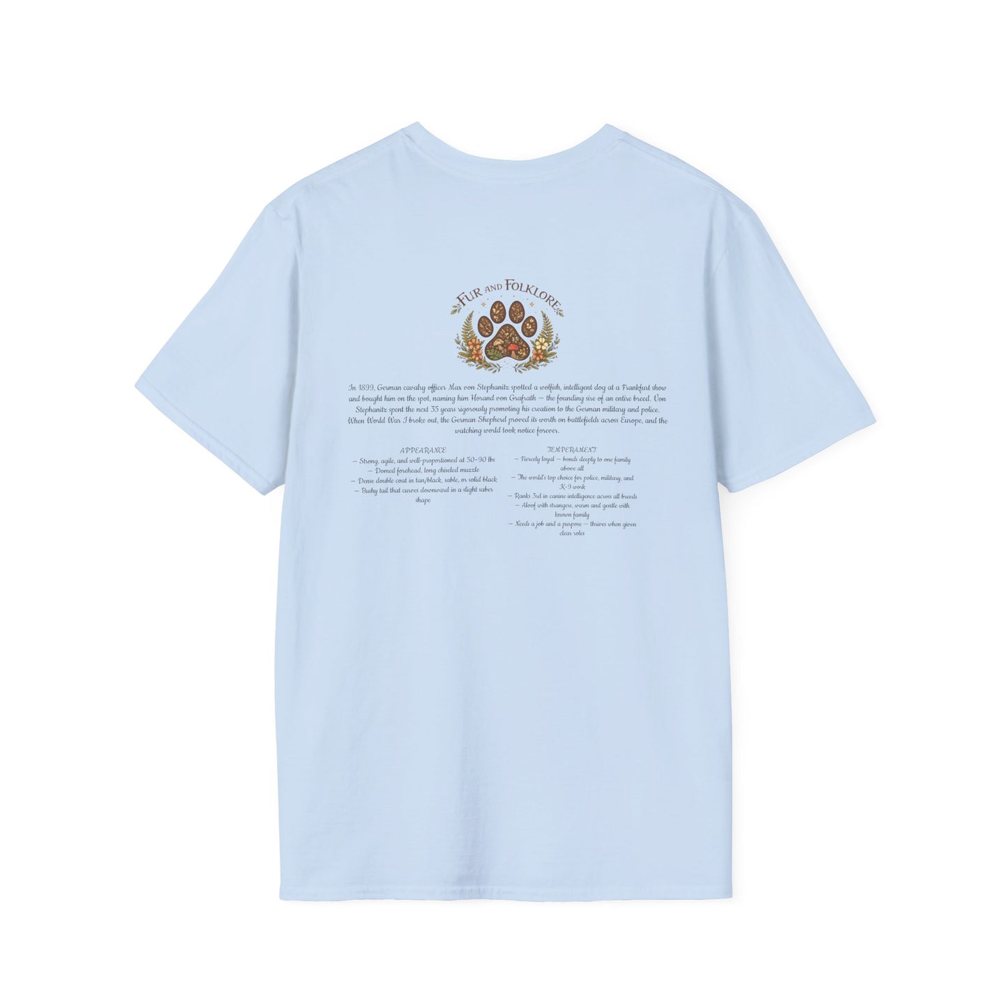 German Shepherd T-Shirt — Realistic Portrait & Breed Story Tee