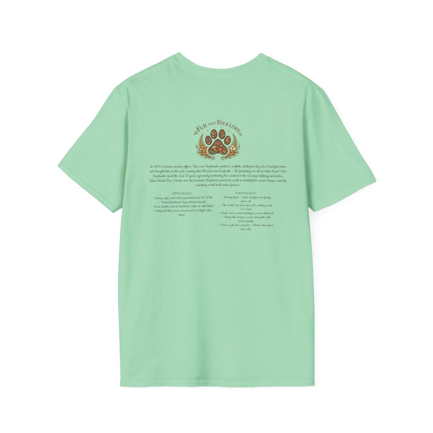 German Shepherd T-Shirt — Realistic Portrait & Breed Story Tee