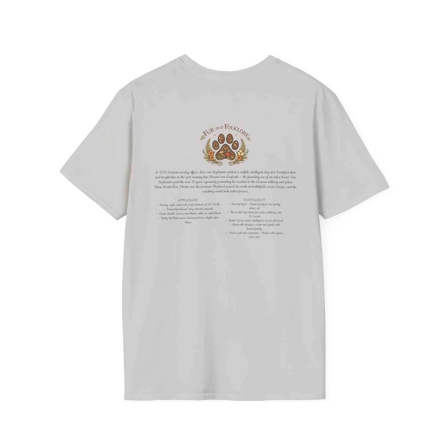 German Shepherd T-Shirt — Realistic Portrait & Breed Story Tee