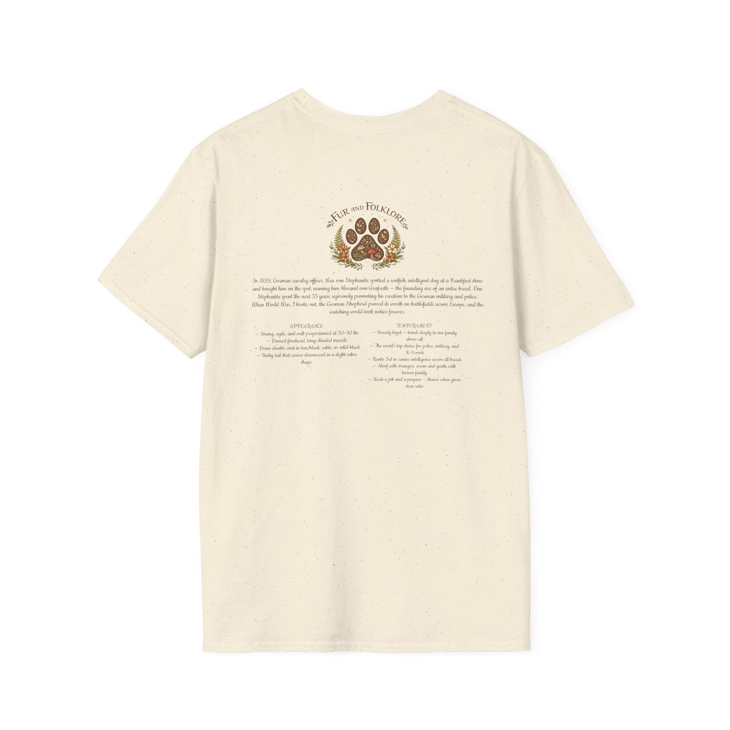 German Shepherd T-Shirt — Realistic Portrait & Breed Story Tee